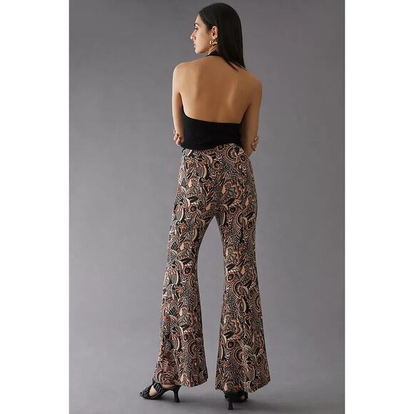 NEW Anthropologie Drapey Flare Pants Viscose Brown Motif Jungle Print - Size 4 - Picture 13 of 16